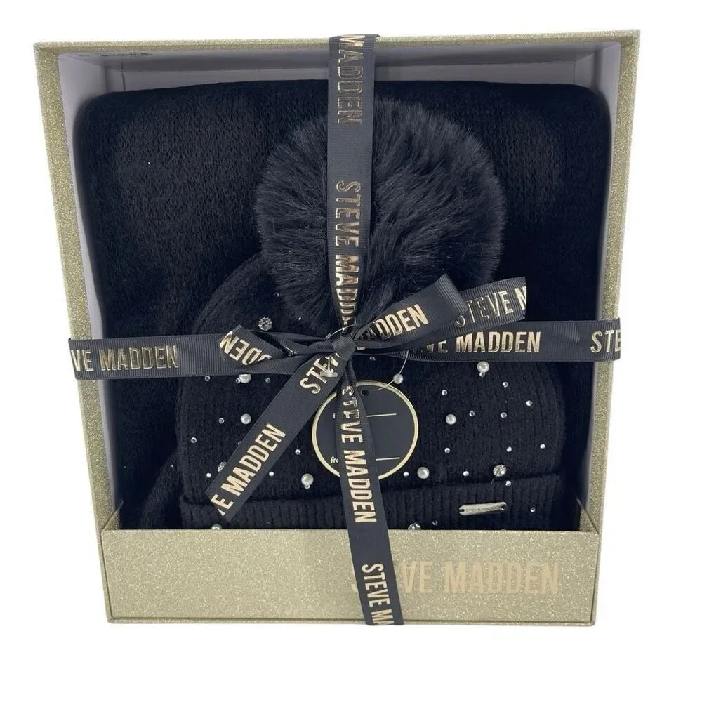Steve Madden Women’s Embellished Beanie & Scarf Gift Set — Black — New in Box